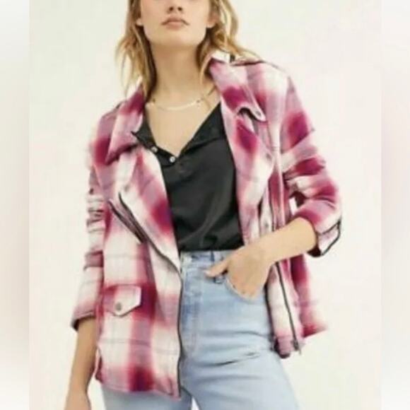 We the Free Stranger Friends Pink Plaid Oversized Moto Jacket - size XS - Picture 1 of 7